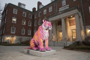 A vibrant pink tiger statue stands proudly in front of a classic brick building at dusk, adding a splash of color and life to the serene campus setting