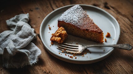 Delicious Slice of Cake on Plate with Fork and Cloth Napkin