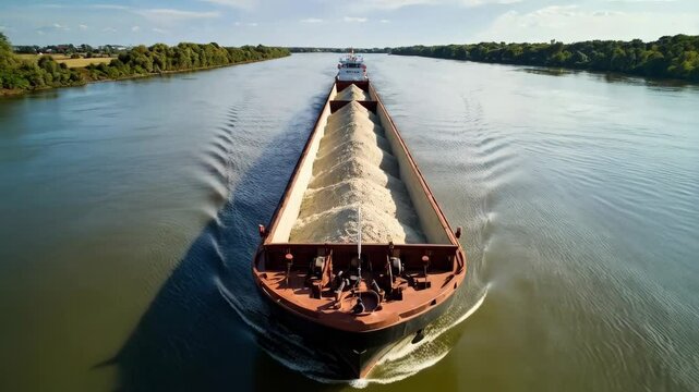 Barge carrying dry bulk cargo sailing along a river towards the horizon on a sunny day with trees on both sides of the waterway