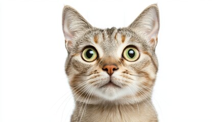 Adorable close-up of a curious tabby cat with large green eyes and a cute expression, isolated on a clean white background, showcasing its wonderful features