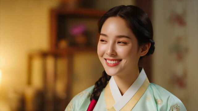 Korean woman, wearing a pastel hanbok with subtle floral patterns
