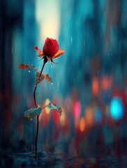 A Lone Rose Blooms in a Rainy Night