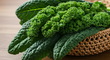 Bunch of Kale Leaves Rustic Basket PNG