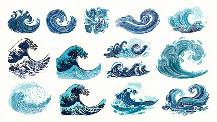 Vector Set of Ocean Wave Illustrations in Artistic Style
