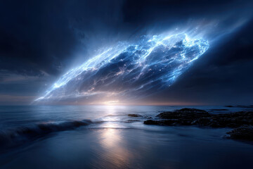 Stunning cosmic display over the ocean during twilight hours brings a magical atmosphere