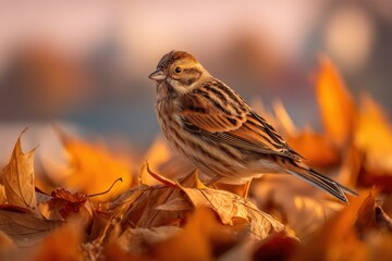 Fototapeta premium A Sparrow's Quiet Moment in the Golden Leaves