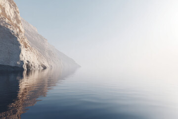 A serene scene of a solitary cliff rising from a tranquil sea, with soft, muted colors.