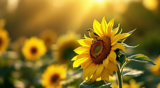 Bright yellow sunflowers bloom beautifully in a summer garden, with bees buzzing among the petals under a clear sky, 4k animal video 