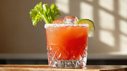 Caesar cocktail, Classic cocktail, Close-up shot with a clear focus on the glass, Rich tomato color with green garnish, Light sunlight reflecting off the ice, Simple yet refreshing
