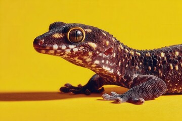 Fototapeta premium A vibrant gecko with a captivating pattern of brown spots stands out against a bright yellow background, embodying the essence of nature's intricate designs