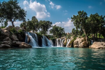 Fototapeta premium A Serene Waterfall Scene with Lush Trees Under a Clear Blue Sky