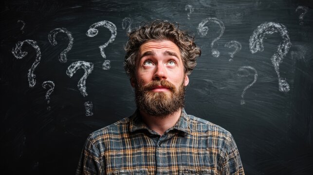 Contemplative Pose: A man looks upward with a pondering gaze amidst a backdrop of question marks. An image that delves into curiosity and thoughtfulness.