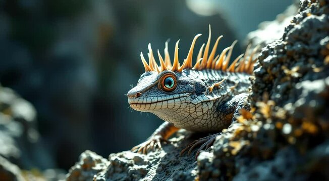 Closeup of a vibrant tropical fish alongside a green-horned lizard with detailed scales and a striking eye 4k animal video footage