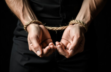 hands of a man tied with a rope close-up. Anti-Trafficking Day. the concept of informing society about violations of human rights and freedoms.