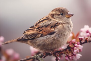 Naklejka premium A sparrow perches on a branch adorned with delicate pink blossoms, embodying the quiet beauty of nature