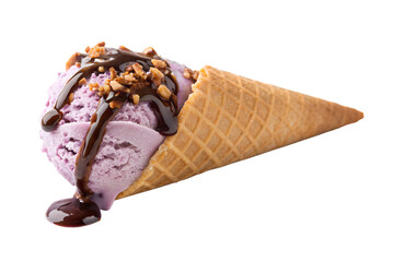 Purple ice cream scoop in waffle cone with chocolate sauce and nuts isolated on transparent background