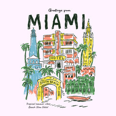 Obraz premium hand art Miami illustration. tropical summer vibes. watercolor painting effects for graphics. palm tree miami beach artwork. t shirt design for beach vibes. summer prit design..ai