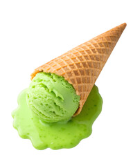 Melting green ice cream cone drips isolated on transparent background