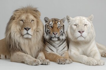A lion, a tiger, and a white tiger, all sharing a moment of tranquility