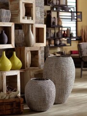 An elegant display of ceramic vases in a rustic setting, with a focus on texture and color contrast