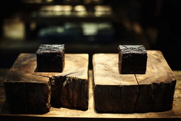 Two chocolate cubes sitting on top of wooden blocks