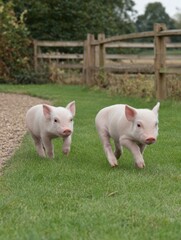 Two young piglets sprint across a verdant meadow, their youthful energy captured in this candid moment of play