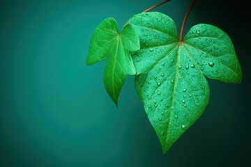 A Close-Up of Ivy Leaves with Water Droplets on a Gradient Teal Background