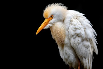 A solitary white bird with a striking yellow beak stands out against a stark black background, embodying the quiet strength of nature