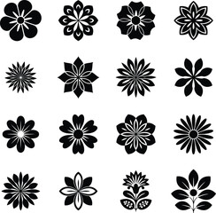 Collection of Sixteen Flower Designs in Black and White Silhouette