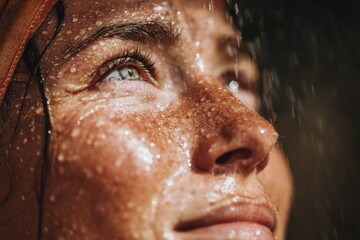 A serene moment captured in the gentle dance of raindrops on a person's face
