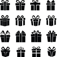 Collection of Gift Box Icons in Black Silhouette Style