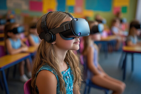 Group of children learning with VR headsets