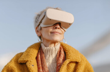 Senior woman outdoors exploring VR technology