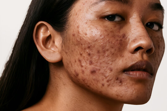 Realistic portrait of Asian woman with severe acne and skin imperfections, unretouched beauty campaign for skincare diversity and acceptance, high-resolution close-up in studio lighting