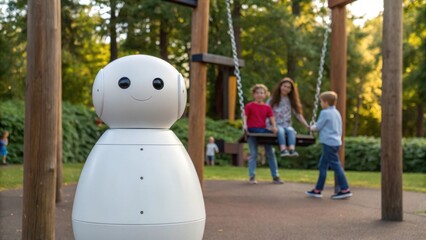 A friendly white robot stands in the foreground of a playground where children play on swings and adults supervise in a sunny park.