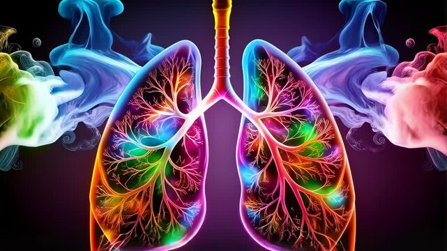 Vibrant and stylized human lungs illustration with colorful smoke on a dark background conveying health and medical themes