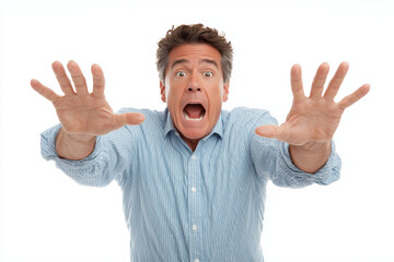 A middle-aged man frozen in a startled stance, eyes wide open and mouth agape, shoulders raised in tension, palms facing outward as if caught off-guard, isolated on white background, 