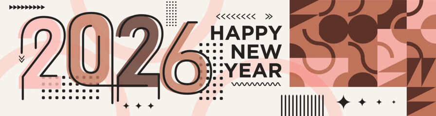 Happy New Year 2026 text design Modern Calligraphy Greetings on a Stylish background with geometric patterns, abstract pattern with lines, new year celebration design, colorful vector illustration