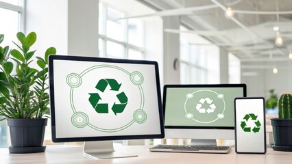 Fototapeta premium Modern office workspace featuring plants and multiple devices displaying recycling symbols, promoting sustainability and eco-friendly practices.
