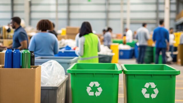 People in a warehouse sorting recyclable materials into green bins, promoting environmental sustainability and waste management.