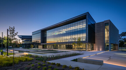 Obraz premium public safety building exterior, minimalist futuristic design, sleek concrete and glass façade, sharp angles, no ornamentation, matte black and slate gray finishes, narrow vertical lighting