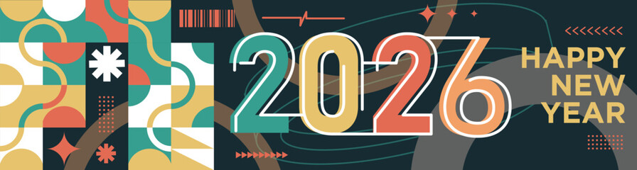 Happy New Year 2026 text design Modern Calligraphy Greetings on a Stylish background with geometric patterns, abstract pattern with lines, new year celebration design, colorful vector illustration