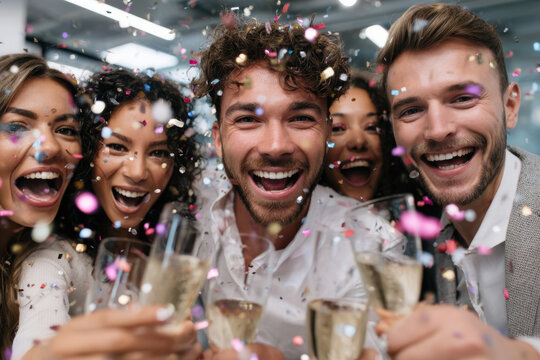 Friends celebrate with glasses of champagne and confetti at festive gathering in modern venue - Powered by Adobe