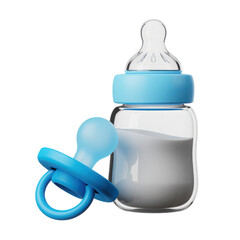 Fototapeta premium A realistic 3d rendering of a blue baby bottle filled with milk next to a blue pacifier isolated on transparent background