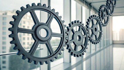 Large interconnected metal gears suspended in a bright office space with city buildings visible through the windows.