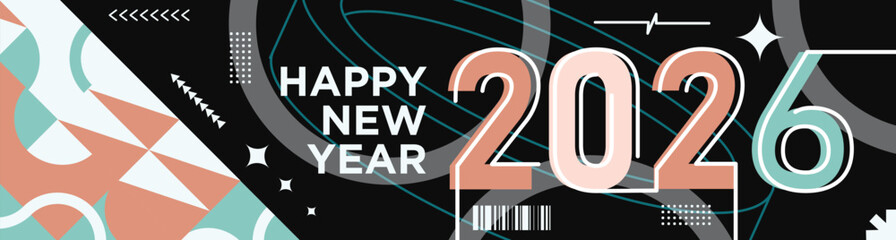 Happy New Year 2026 text design Modern Calligraphy Greetings on a Stylish background with geometric patterns, abstract pattern with lines, new year celebration design, colorful vector illustration