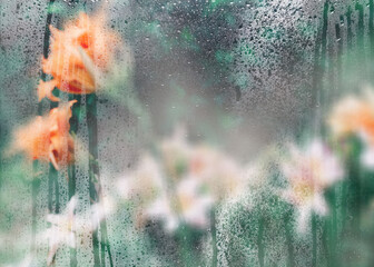 Spring flowers and blooming trees viewed through foggy glass with water droplets. Soft focus, dreamy seasonal background perfect for wallpapers and mood visuals