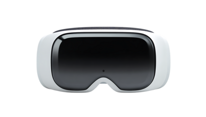 Vibrant photo of modern white virtual reality headset with black screen isolated on transparent background.
