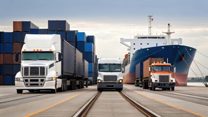 Trucks and a cargo ship loaded with containers at a dock, highlighting intermodal freight transport and logistics.