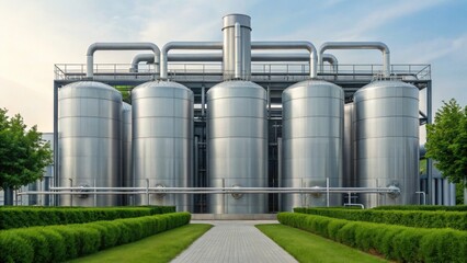 Large stainless steel industrial tanks with connected pipes, surrounded by greenery and a clear sky.